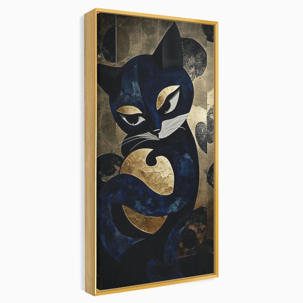 Tablou canvas cu tablou canvas cu pisica neagra si aurie, in rama de aluminiu auriu